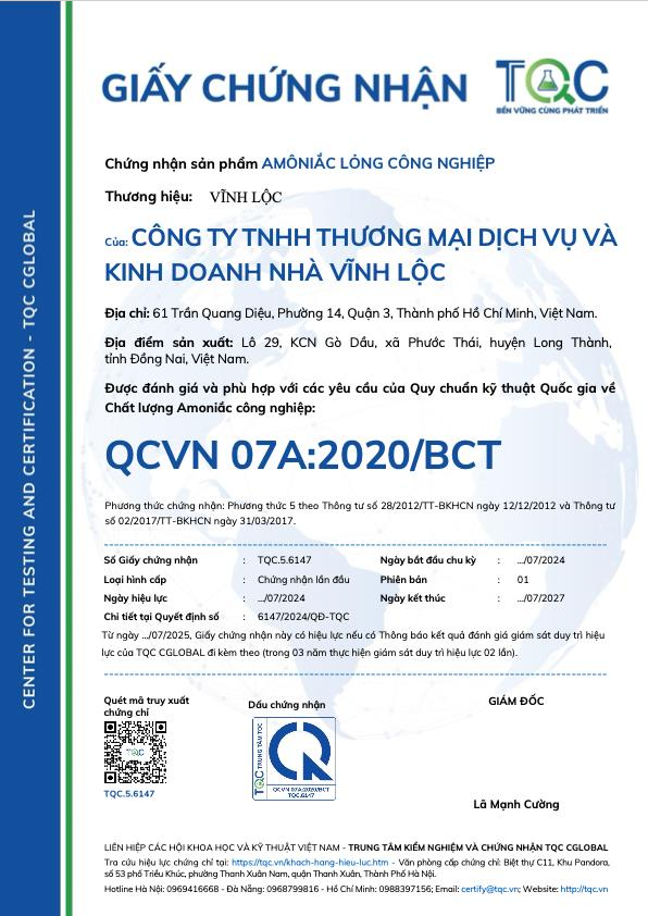 Giấy chứng nhận Sản phẩm Amôniắc lỏng công nghiệp